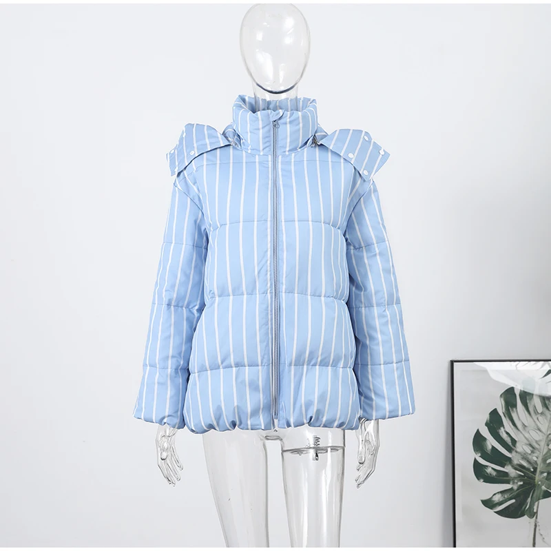 2026 Winter Autumn Stripe Cotton Padded Jacket For Women Warm Long Sleeve Zipper Hooded Coats Lady Street Chic Outdoor Outerwear