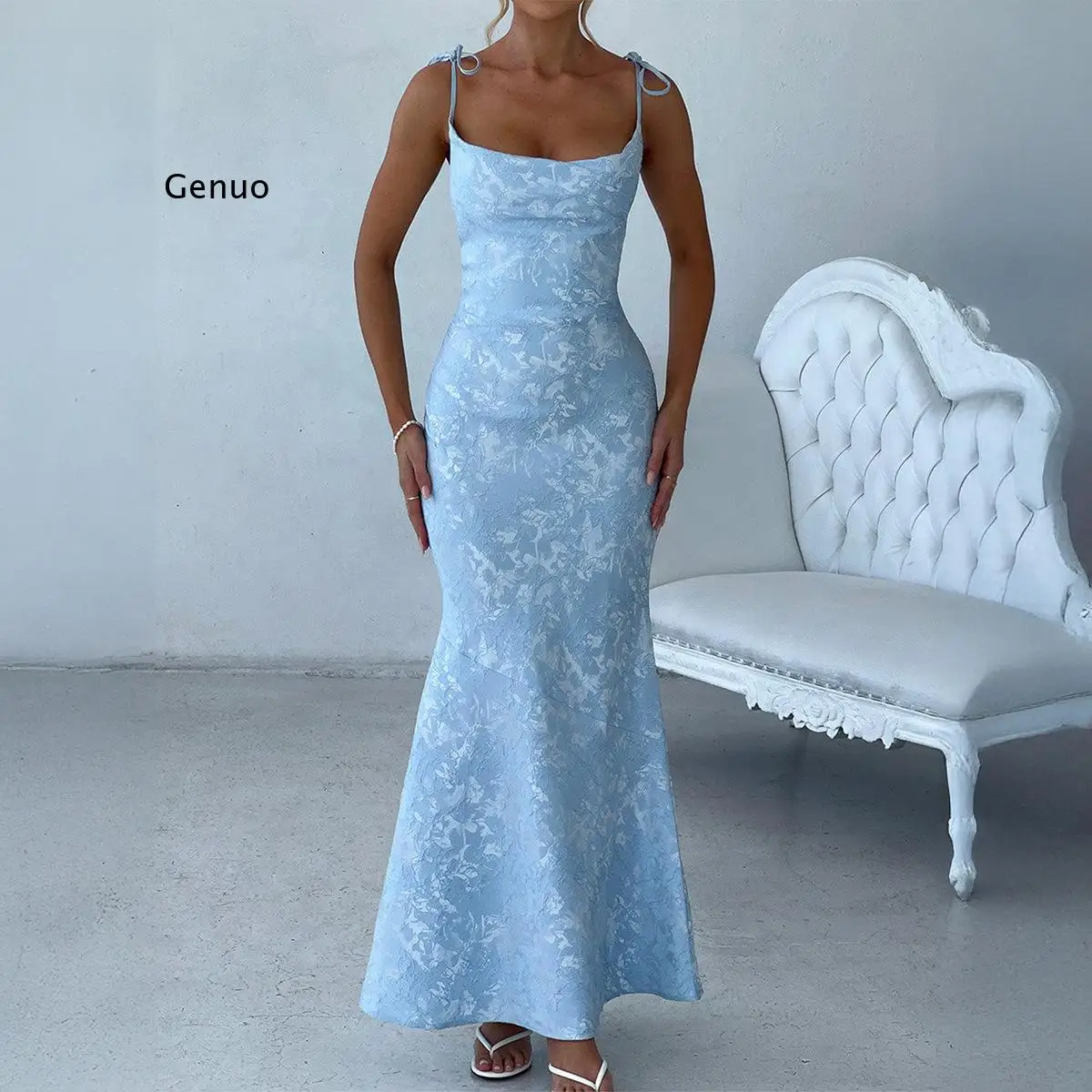 2026 Women Jacquard Mermaid Dress Spaghetti Strap with Textured Fabric for Formal Events