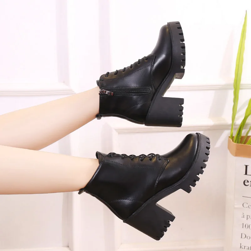 Women\'s Boots Trend 2024 Luxury Black Ankle Boot Women High Heels Lace-up Soft Leather Platform Shoes Female Party Autumn Winter