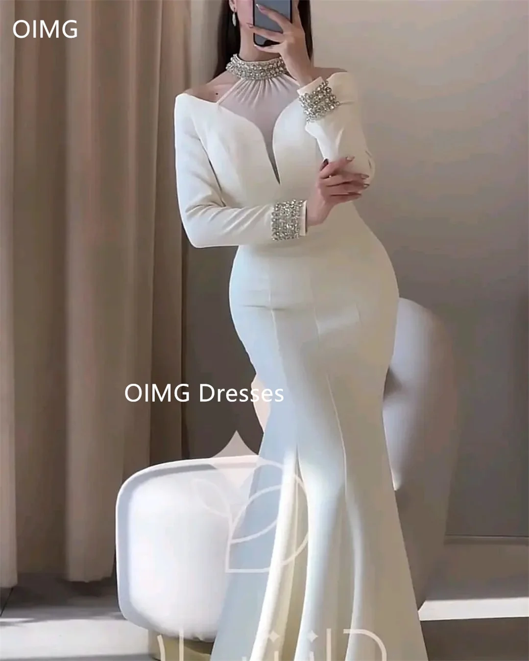 

OIMG Fashion Saudi Satin Vintage Prom Dresses Mermaid Long Sleeves White High Crystals Neck Evening Gowns Formal Party Dress