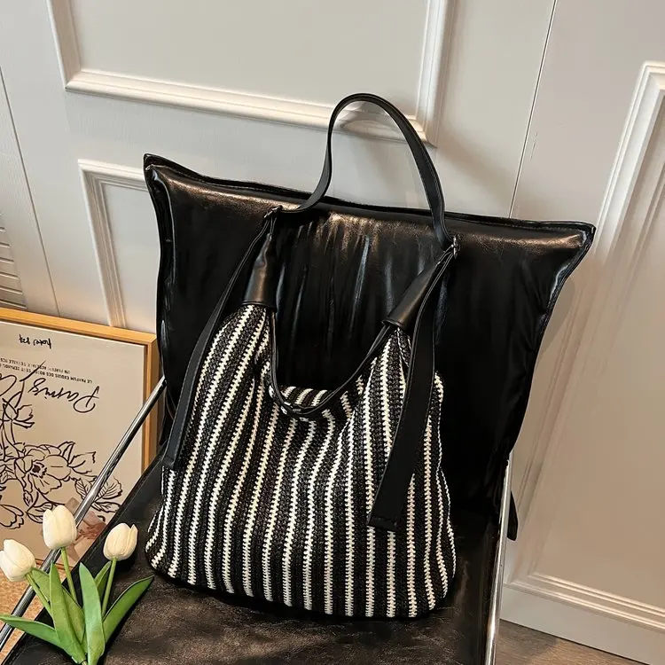 New Stripe High-End Women's Tote Bag Student Handbag Casual Single Shoulder Bag Large Capacity Commuting Forest System