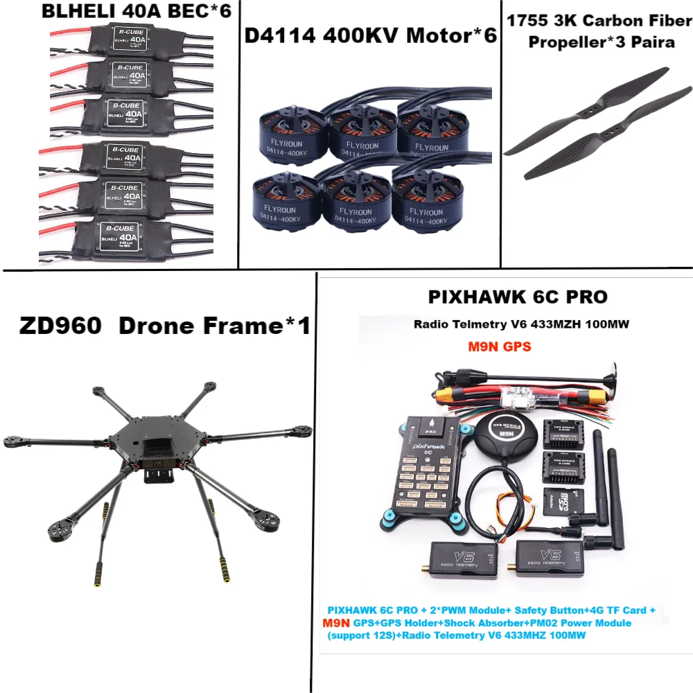 ZD960 PIXHAWK 6C PRO M8N M9N M10 Cadre Hexa-Rotor Entièrement en Fibre de Carbone, BLHELI 40A ESC, Contrôle de Vol, Ensemble de Télémétrie Rado