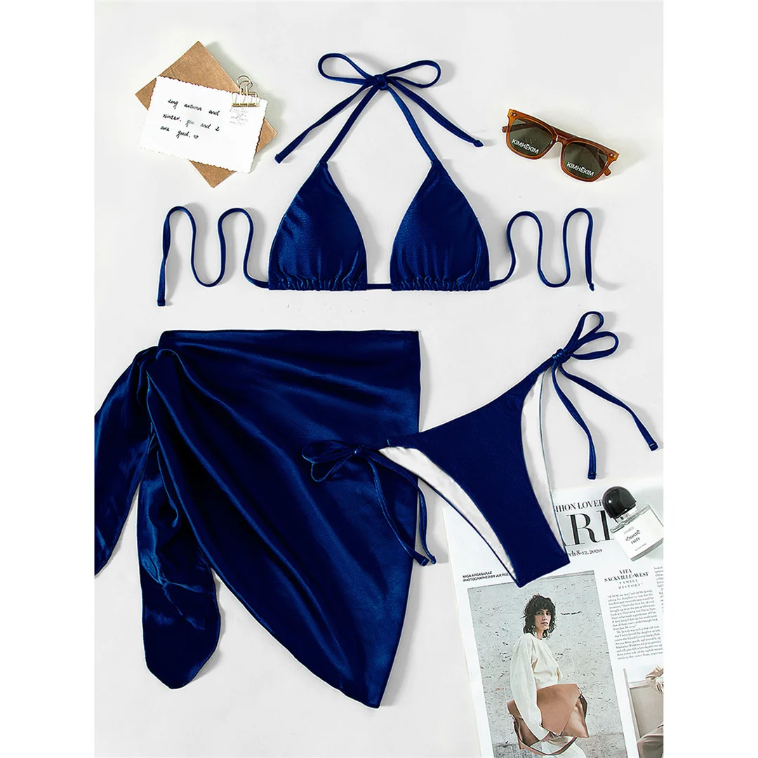 Sexy Neckholder-Bikini mit Sarong, Damen-Badeanzug, dreiteiliges Bikini-Set, gepolsterter Badeanzug, Badebekleidung für Damen, V3243 – Detail 8