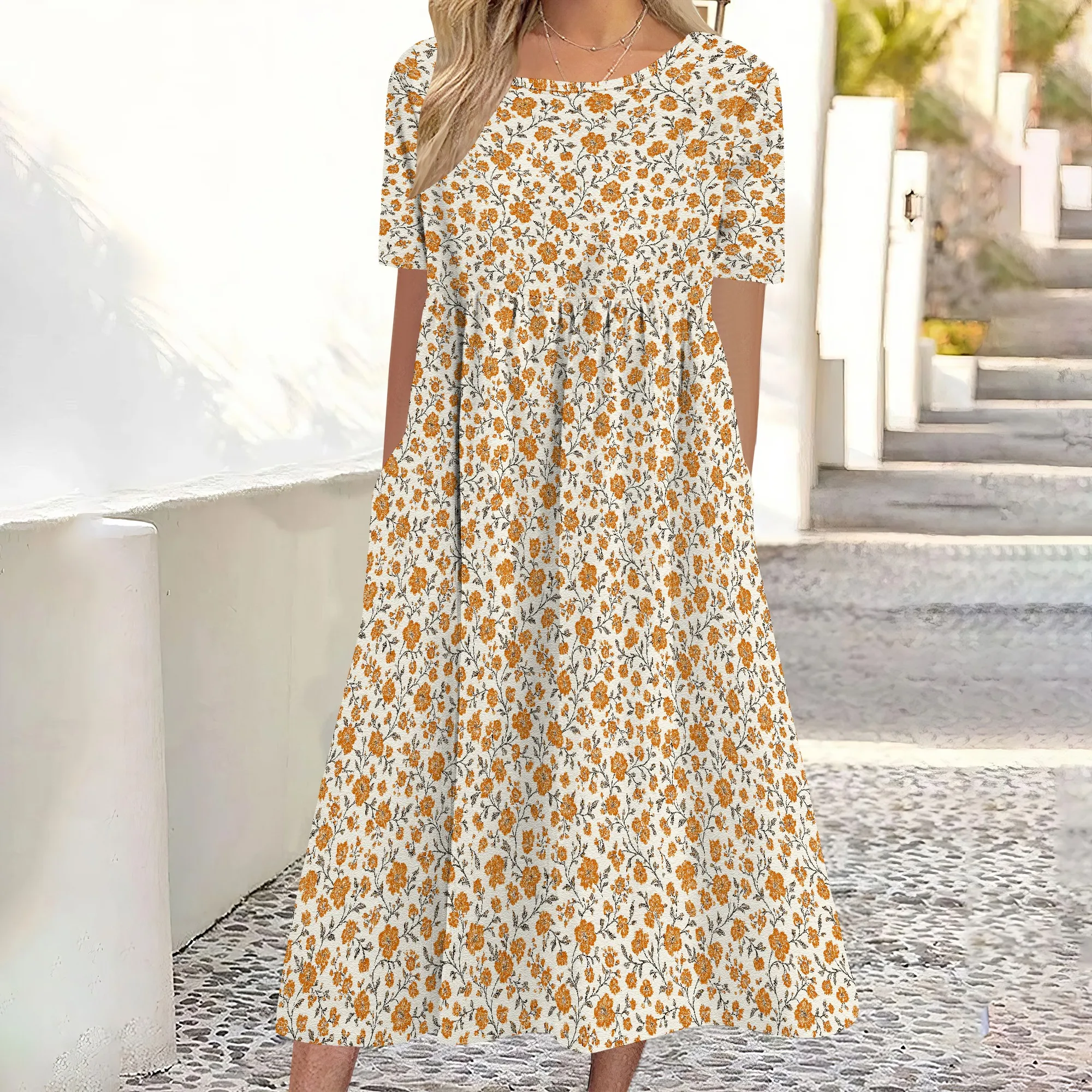 Abito da donna per invitati a un matrimonio a maniche corte con stampa floreale Ditsy, abiti midi larghi e fluidi estivi con tasche