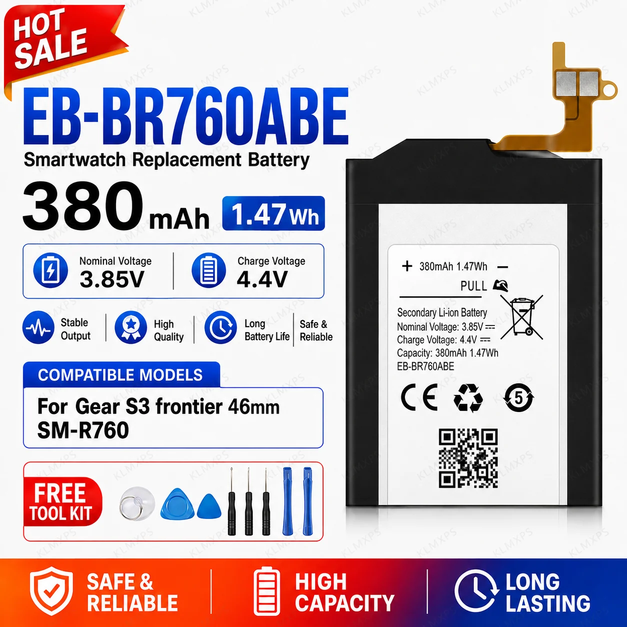 Long Lifespan EB-BR760ABE Battery 380mAh For Samsung Gear S3 Frontier Classic SM-R760 R770 R765 R765S Repair Tool Kit Set