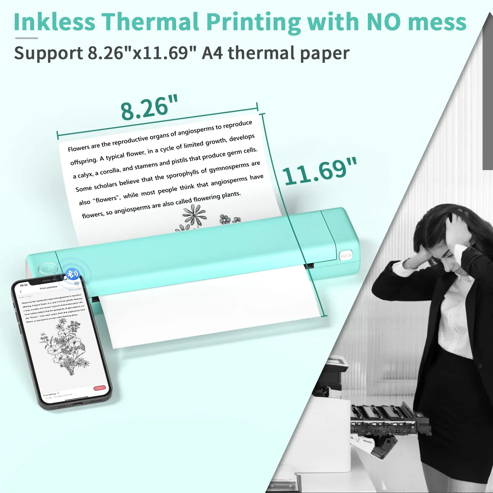 M08F Mini Homework Test Paper Inkless Office Portable A4 Thermal Error Printer Supports Thermal Paper 210/216MM