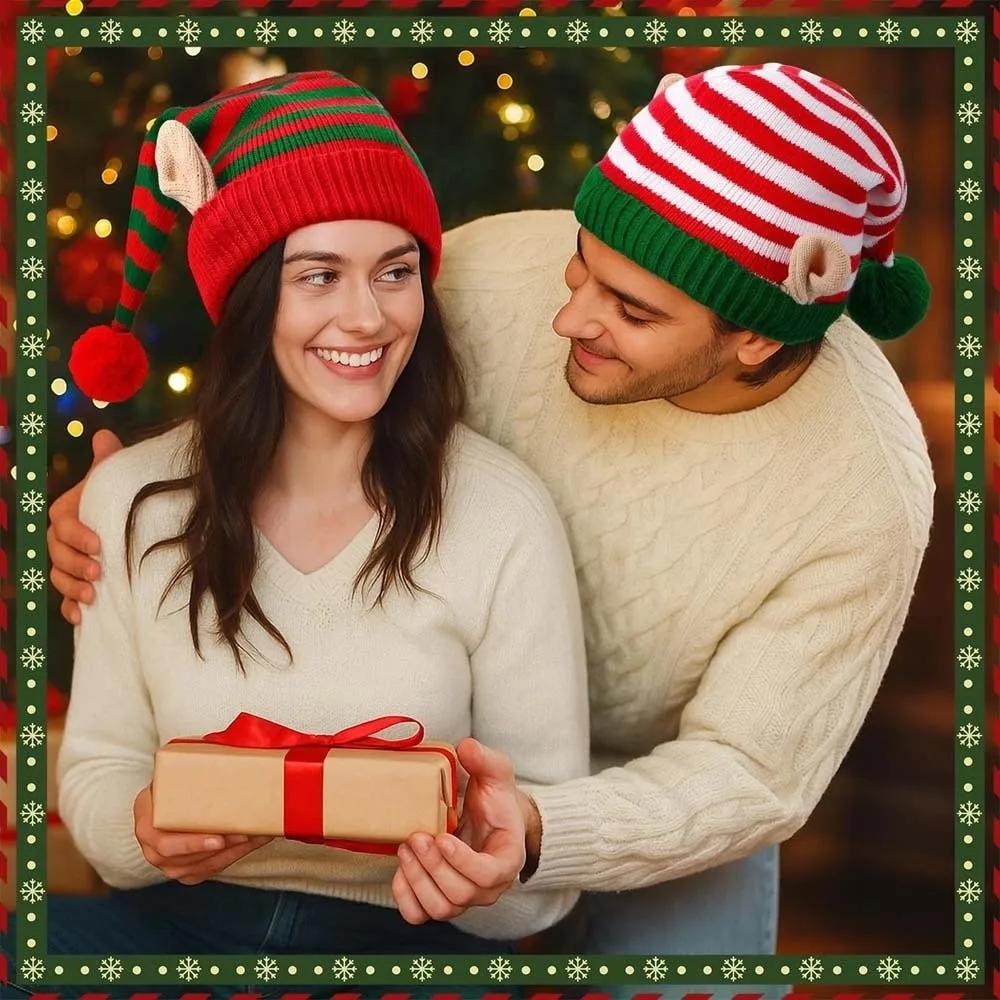 Xmas Costume Headpiece Knitted Christmas Beanie Contrast Color Elastic Pointed Pom Bonnet Cute Warm Funny Party Headwear Holiday