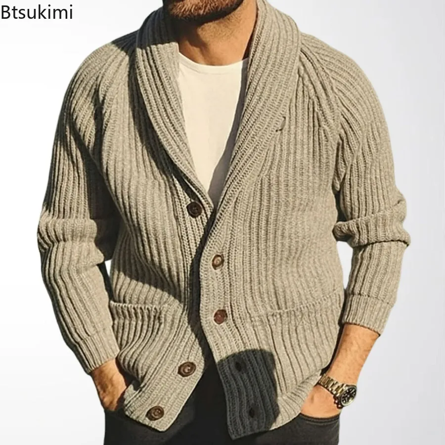 

2026 мужской толстый теплый вязаный кардиган, свитер, осень-зима, однотонный повседневный свободный свитер на пуговицах с длинными рукавами, пальто, мужская куртка
