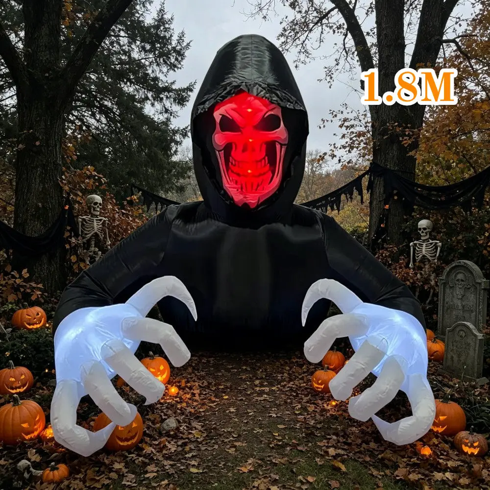 Halloween 1.8M Inflatable Suspended Half Body Ghost With Red LED Skull Face Glowing Claws, Used For Window And Wall Decoration