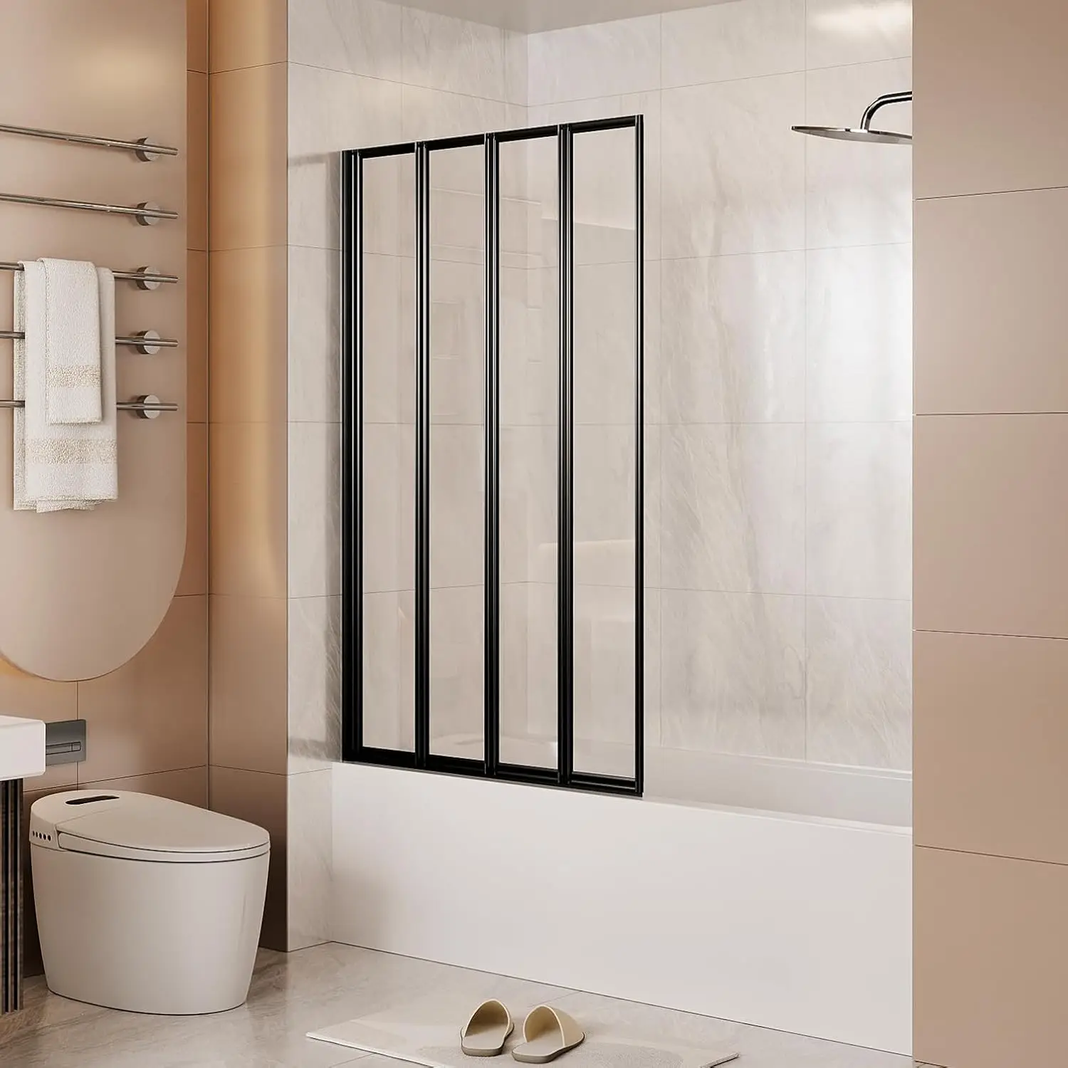 

Folding Pivot Bathtub Shower Door with Linkage Hinge Fixtures, Bi Fold Framed Bath Screen Tub Door with Tempered Safety Glass,31