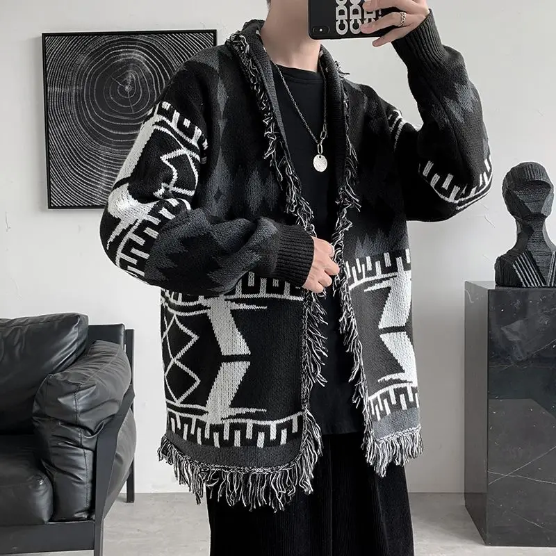 

Retro Ethnic Geometric Knitwear Men's Loose Outerwear Medium-Length Open Cardigan Sweater Spring Autumn Casual Sle