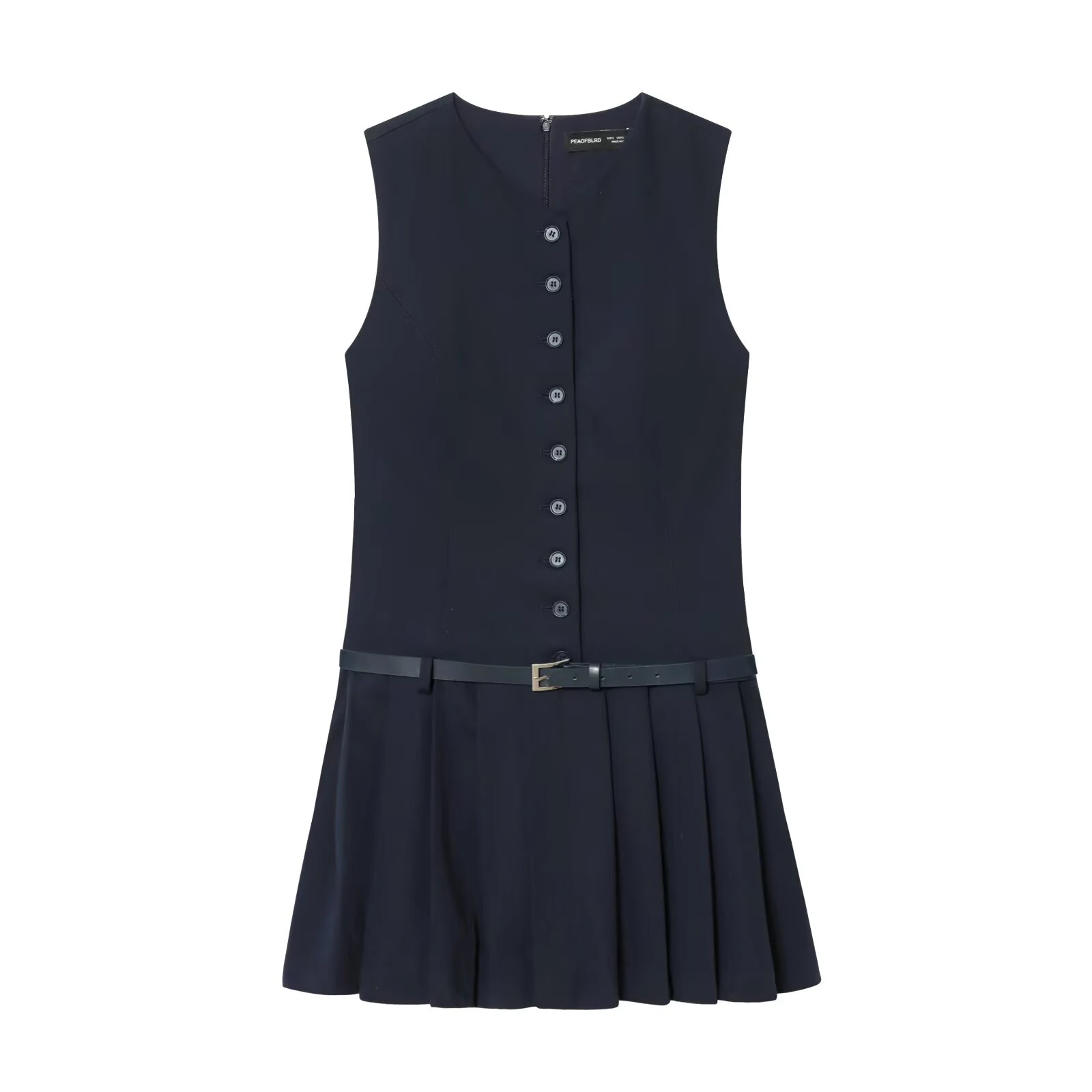 European and American style spring new women's short V-neck belt buckle low waist pleated suit dress