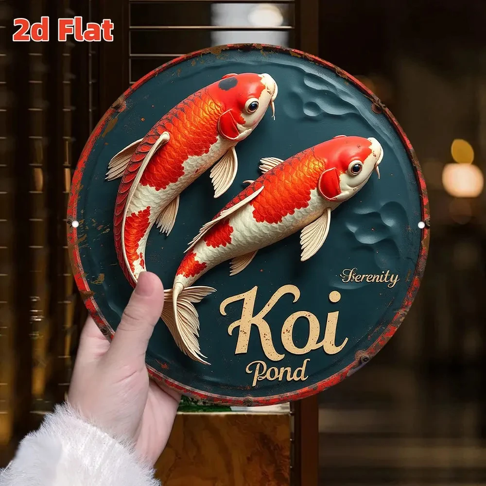 Hd Tin Sign, Koi Pond Tranquility 3D Effect Round Metal Wall Art, Japanese-Style Fish Decoration for Home
