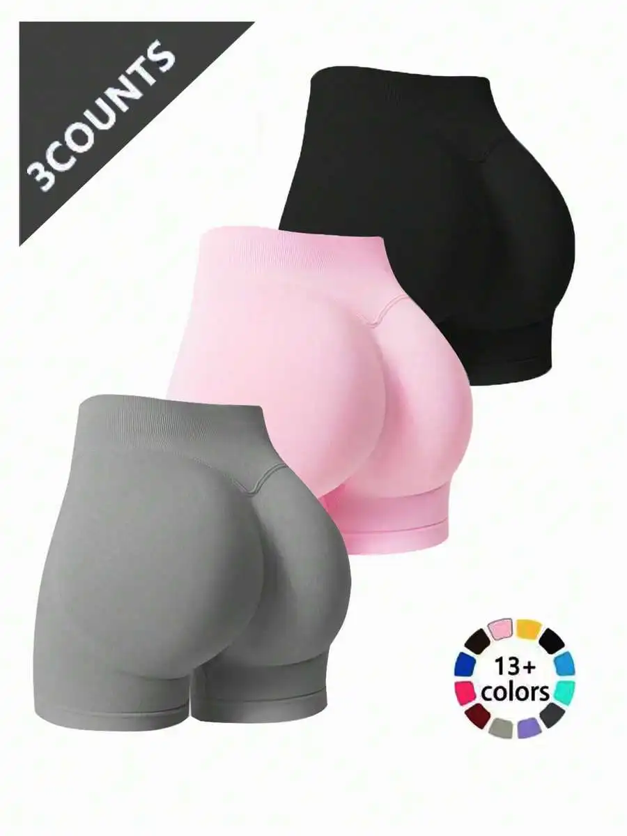 

Women's 3Pcs High Waist Seamless Yoga Shorts: Wide Waistband Heart-Shaped Butt-Lifting for Summer Fitness