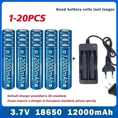 18650 Battery 12000mAh, with Charger, 3.7V Rechargeable Lithium-Ion, Suitable for Flashlights/Toys, EU-US Plug, Air Transportati