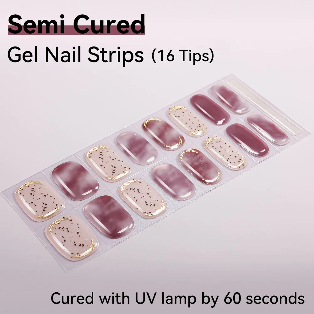 16Tips Semi-Cured Glitter Nail Stickers Pure Color Full Cover Wrap Nail Polish Stickers UV LED Lamp Self-Adhesive Gel Nail Strip