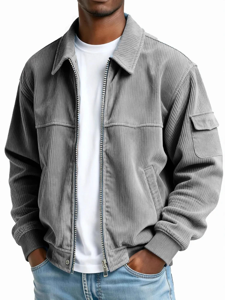 Mens Jacket Vintage Streetwear Black Corduroy Zip Up Jacket Multi Pocket Design Long Sleeve Retro American Workwear Fashion