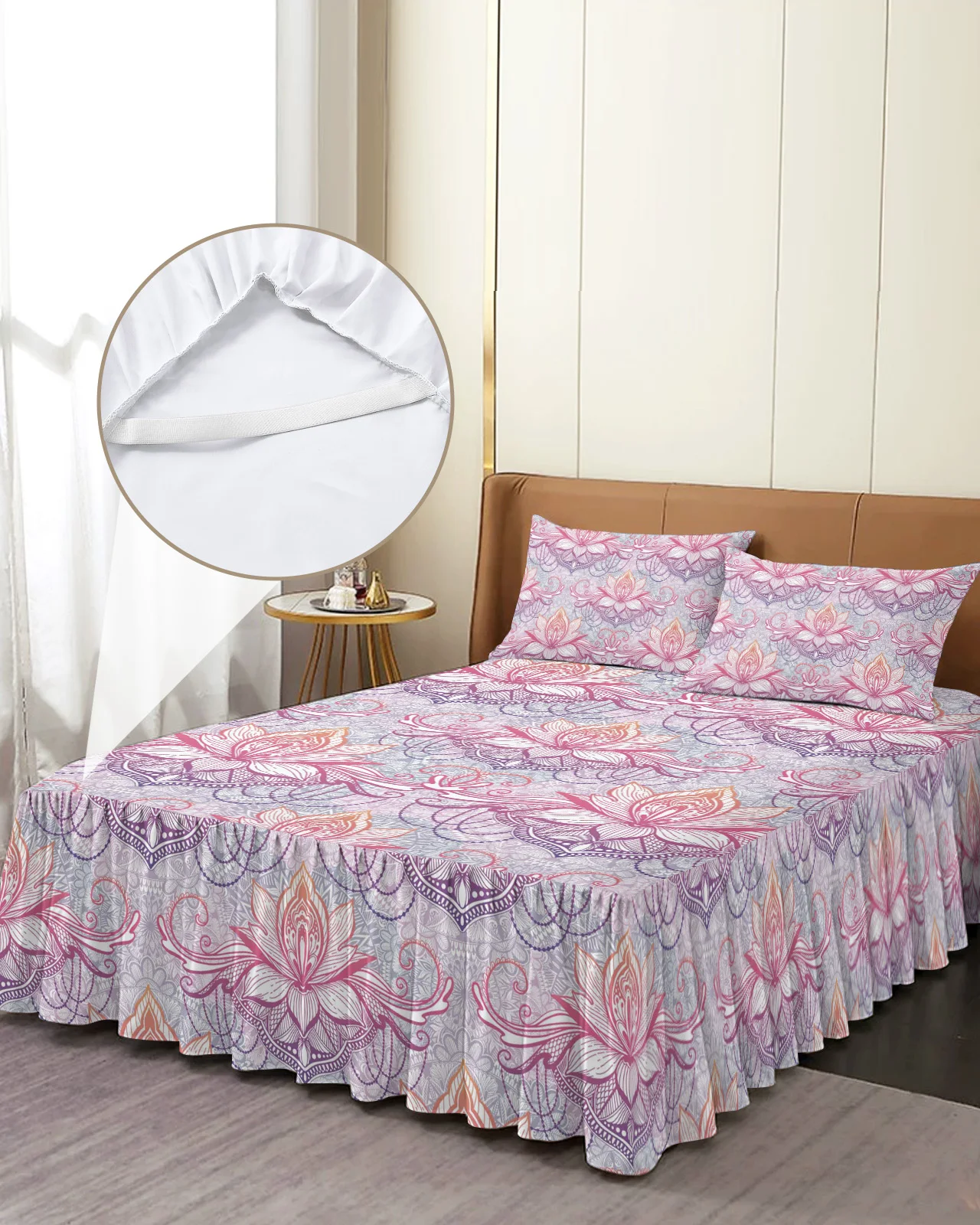 

Mandala Pattern Color Skirt Elastic Fitted Bedspread With Pillowcases Mattress Cover Bedding Set Bed Sheet