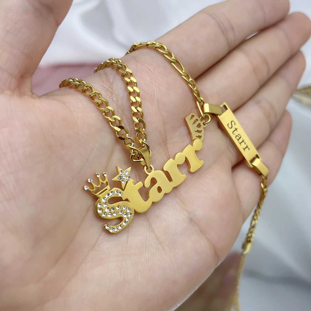 Customised Nameplate Suit Custom Baby Name Necklace Zircon Stainless Steel Cuban Chian BIG Crown Star Charm Bracelet for Kids