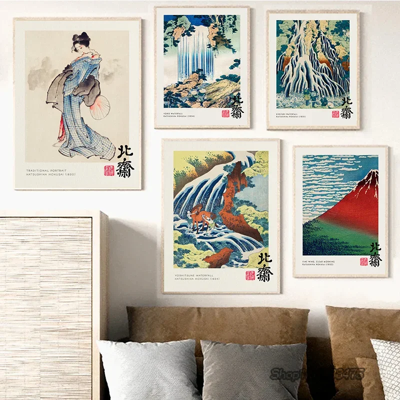 Vintage The Great Wave Katsushika Hokusai Poster Waterfall Canvas Painting Print Japan Exhibition Wall Art Picture Home Decor