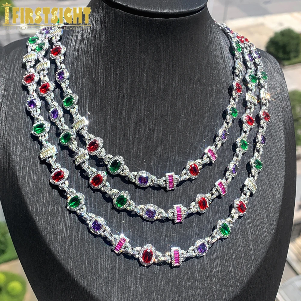 

New Colour Oval Square Charm Necklace Silver Color Iced Out Cubic Zircon Cuban Chain Choker Women Men Fashion Hip Hop Jewelry