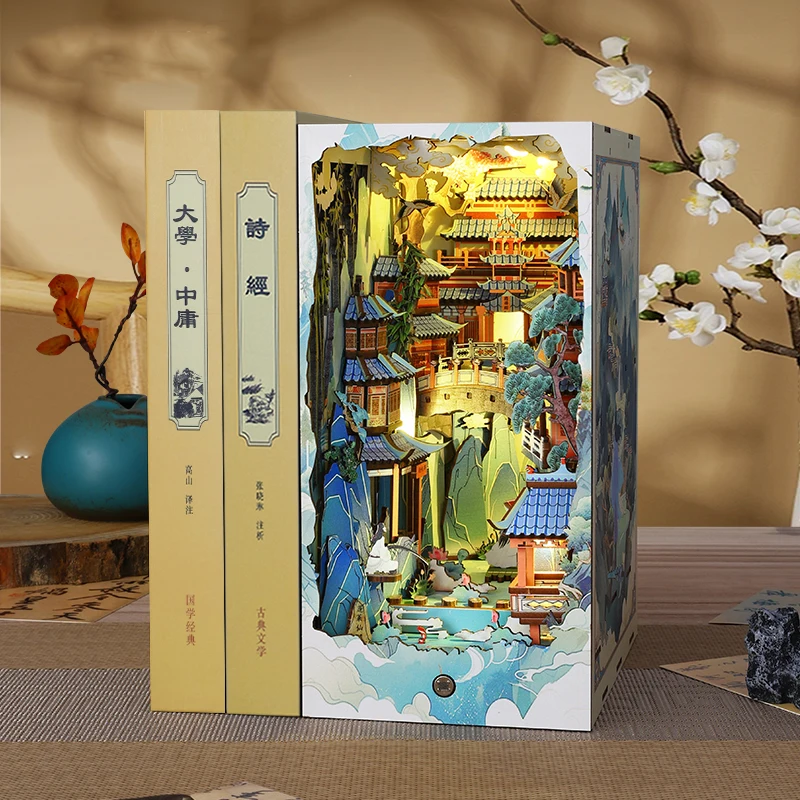 DIY Wooden Book Nook Shelf Insert Kits Miniature Model Kit Penglai Wonderland Casa Bookshelf Assembled Bookends Friends Gifts