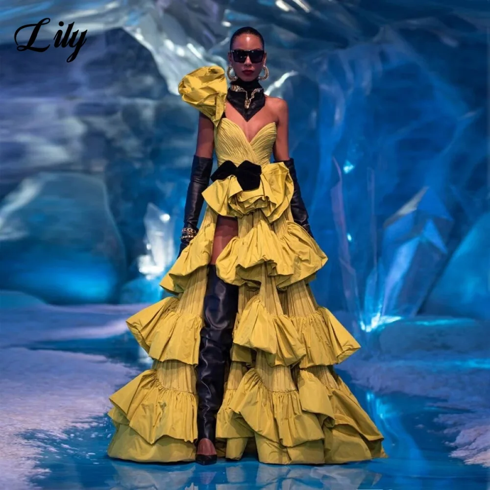 

Lily Sexy Sweetheart Formal Gown V-Neck One Shoulder Backless Prom Dress Bow Split Pleating Party Evening Dresses Customized