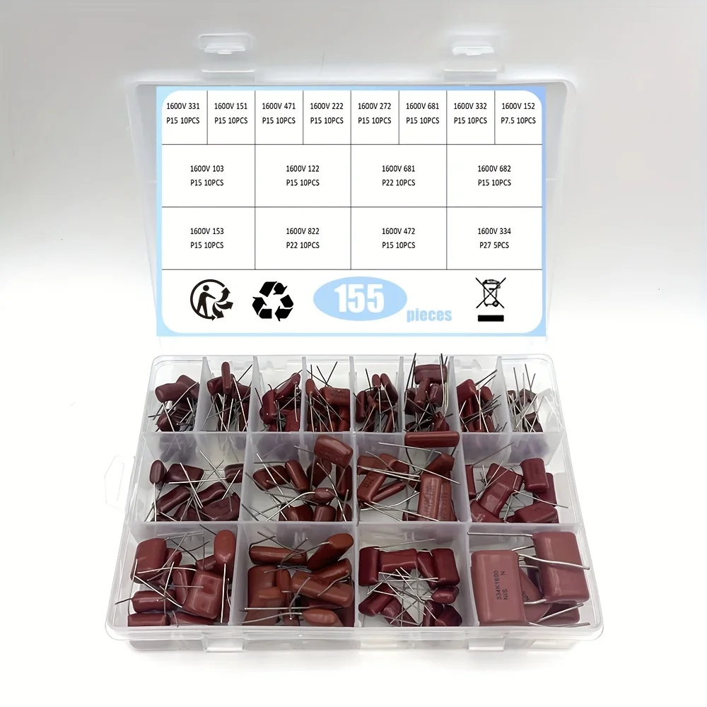 1600V 155pcs/lot 24 values total 155pcs CBB metal film capacitors mixed packing combination, suitable for DIY making enthusiasts