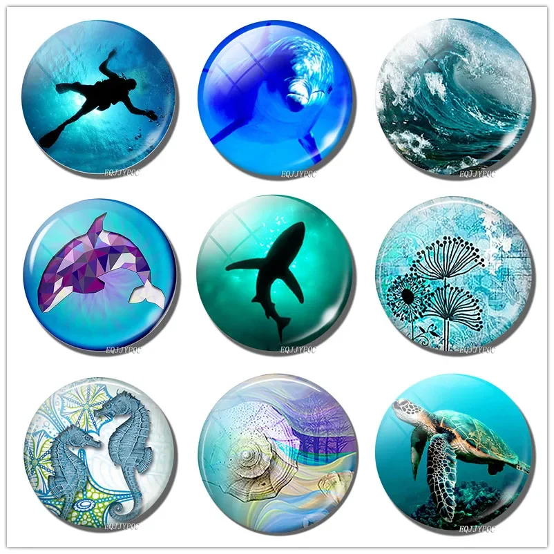 Nurkowanie 30MM lodówka magnes Ocean podwodny stworzenie zdjęcie szkło magnetyczne naklejki typu kaboszon na lodówkę uwaga Home Decor