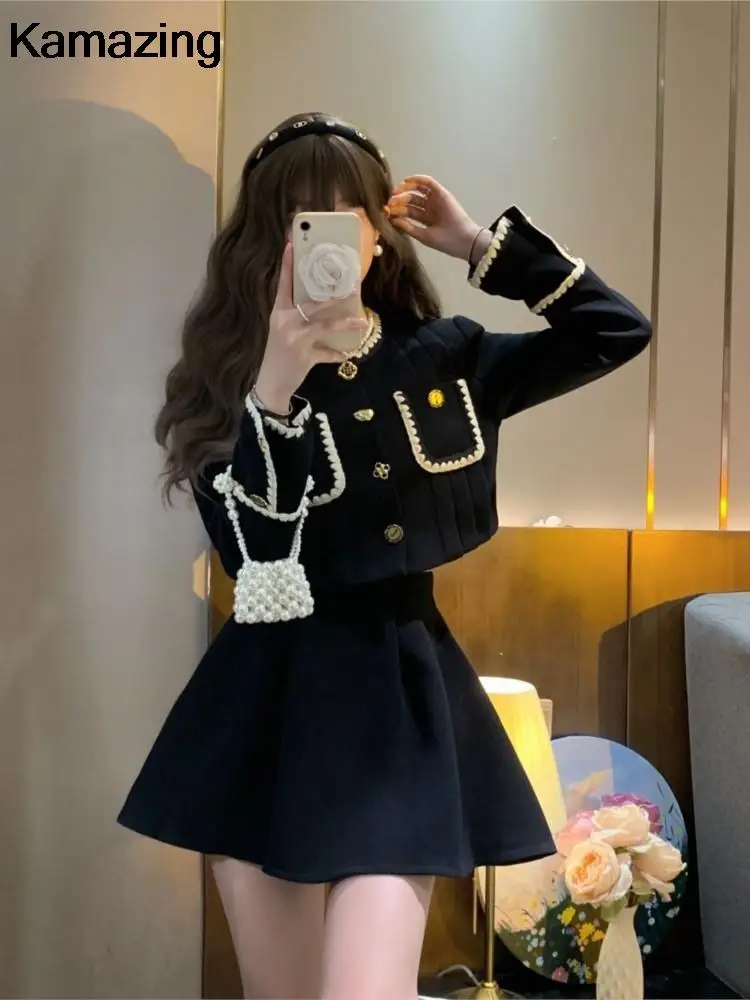 Autumn New Elegant Two-Piece Skirt Sets Women Korean Fashion Chic Crop Jacket Coat Solid Mini Skirt Female Clothing Y2K Outfits