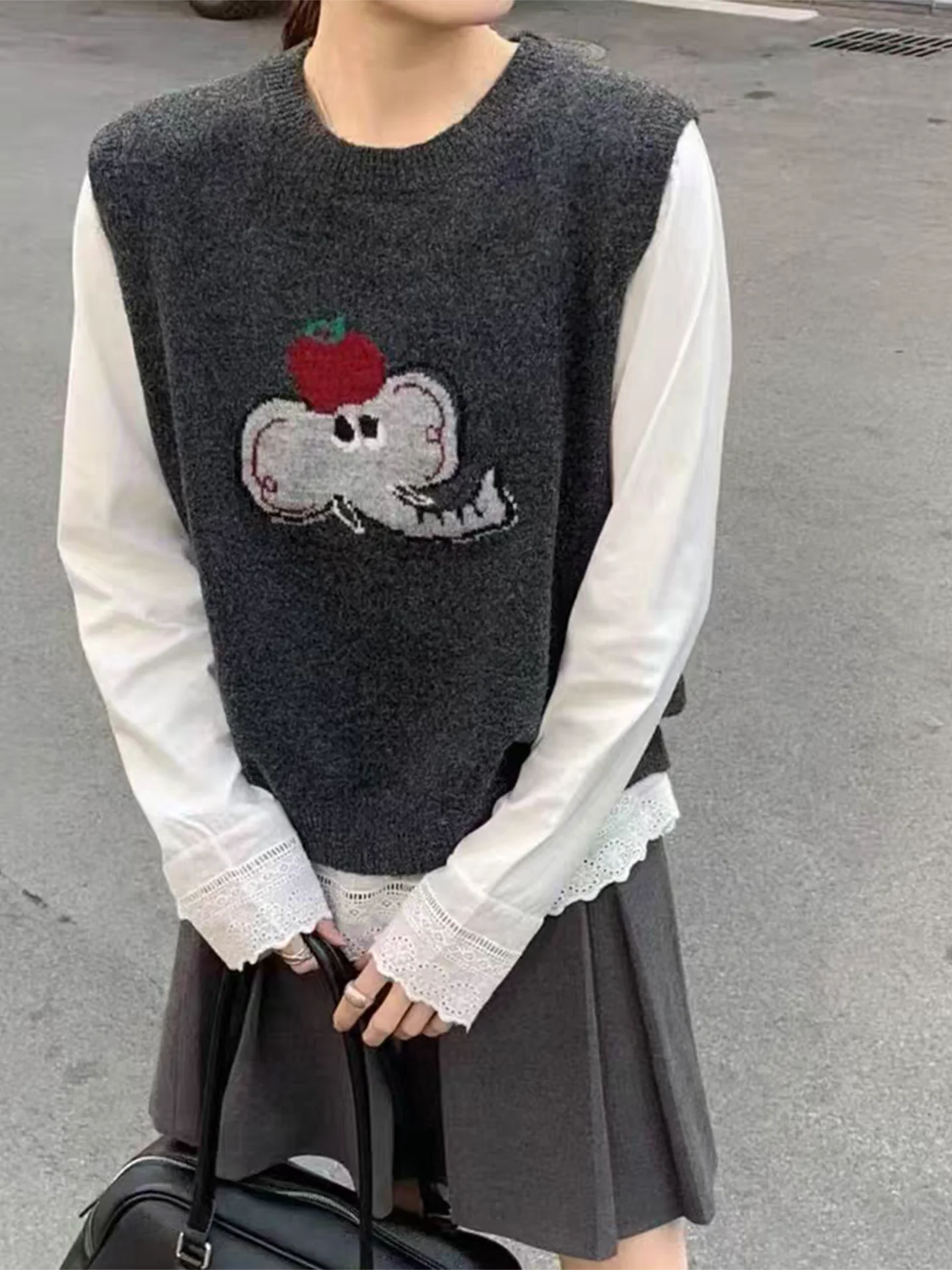 겨울 패션 안티에이징 달콤하고 귀여운 만화 코끼리 니트 조끼 탑 라운드 넥 티셔츠 투피스 세트 여성 루즈핏 캐주얼...