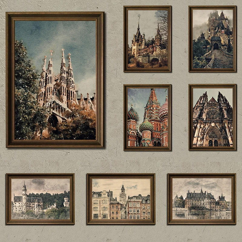 1PC Vintage Famous European Castle Palace Church Architecture Cityscape Poster Canvas Painting Wall Art Pictures Home Decor