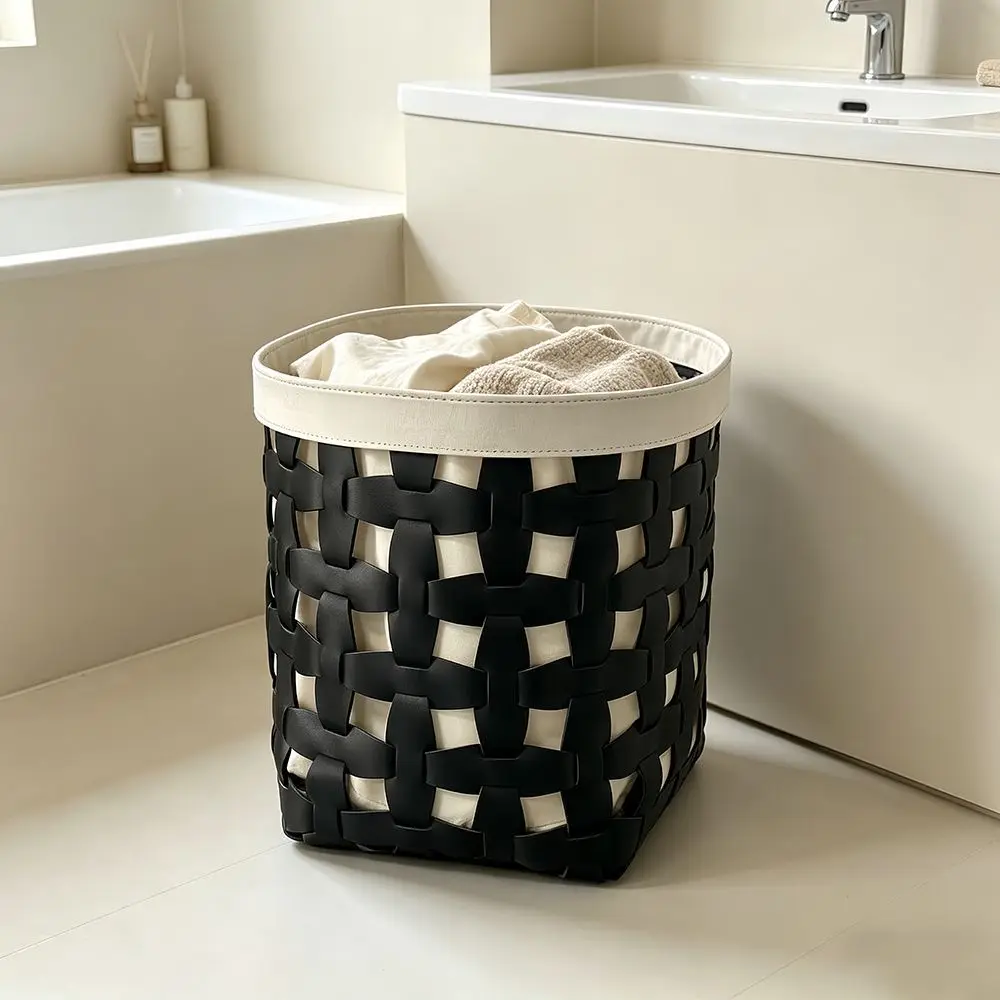 Woven PU Leather Storage Basket Black Beige Large Capacity Laundry Hamper Organizer For Bathroom Bedroom Clothes Towels