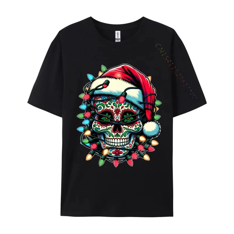 Christmas Sugar Skull Santa Hat Lights Day Of The Dead X-Mas Tshirts Men Tee Tops Cotton Oversized T Shirt Men Clothes