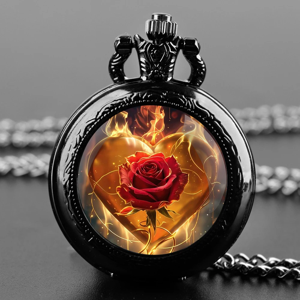 Fiery Rose Inspired Design Black Quartz Pocket Watch with Durable Chain Arabic Numeral Time Display for Men and Women Gifts