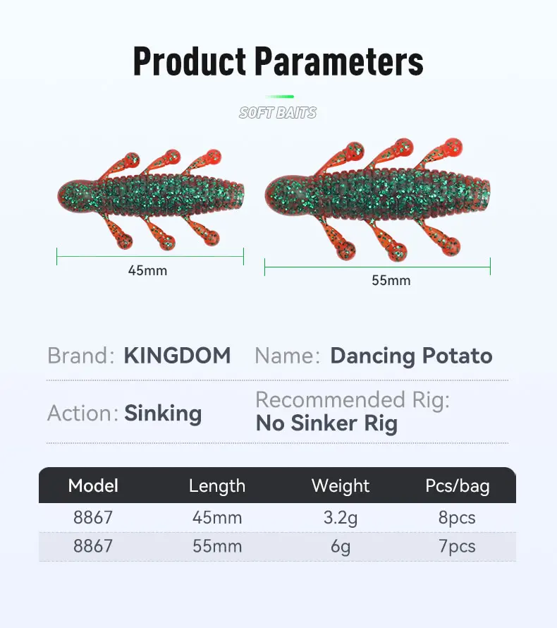 Kingdom Dancing Potato Weiche Angelköder, 3,2 g, 45 mm, 6 g, 55 mm, PVC, sinkende Gummiköder, Salz hinzufügen, Fischgeruch, Gummiköder, 8 Stück, 7 Stück – Detail 5