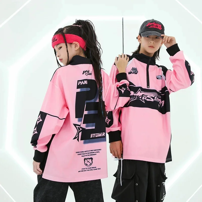 

Teenagers Street Dance Hip Hop Clothes Sets Boys Pink Long Sleeve Top Black Pants Girls Jazz Modern Dance Performance Costumes