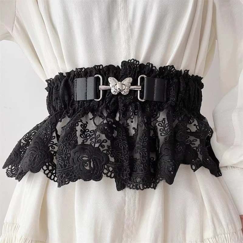 เข็มขัดรัดเอวผู้หญิงแบบลูกไม้ฝรั่งเศส หัวเข็มขัดรูปผีเสื้อ สำหรับชุดเดรส  ผ้าลูกไม้ซ้อนเป็นชั้นๆ  สายคาดเอวแบบเปปลัม