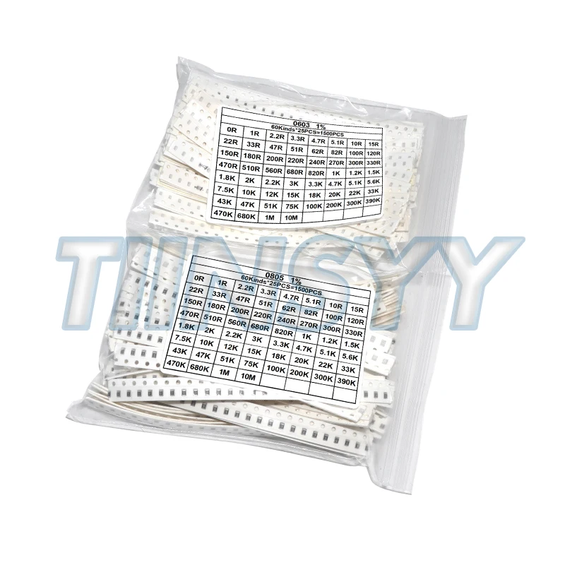 1500PCS/Set Resistors Assorted Set (60 Values X 25Pcs) SMD 0603 0805 0R-10M Ohm 1% High Precision Film Chip Resistance Kit