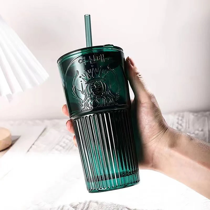 Simple Dark Green Coffee Glass Cup With Lid and Straw Transparent Bubble Tea Juice Milk Mocha Cups Breakfast Mug