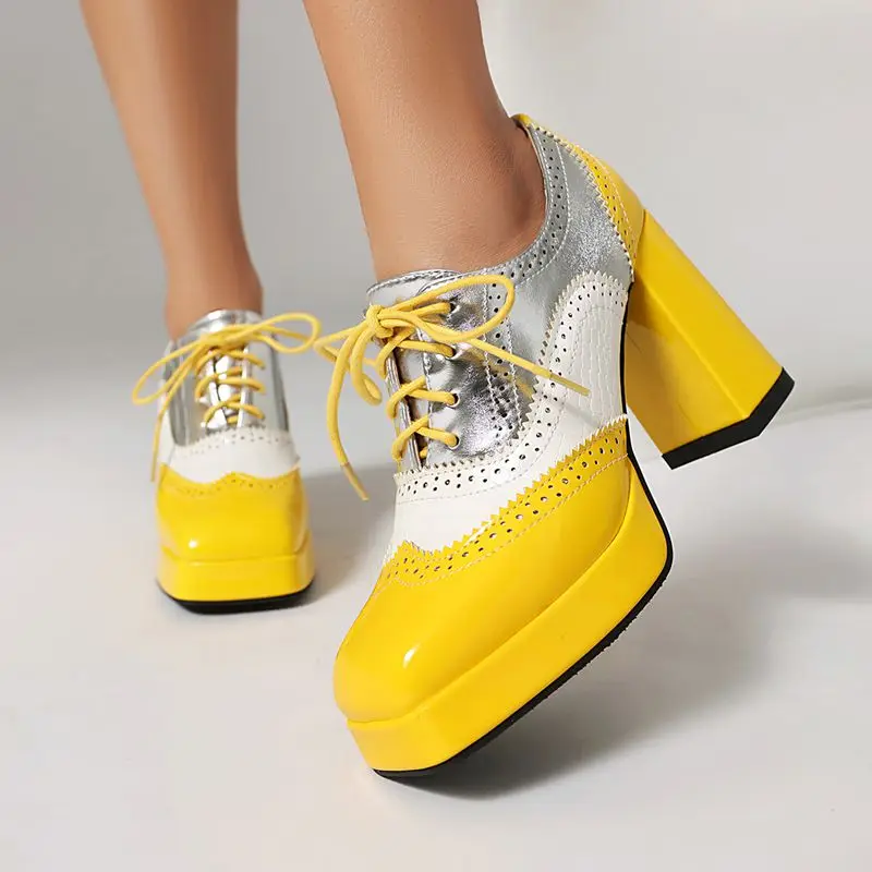 

SIMLOVEYO Fashion Women's Pumps Square Toe 9.5cm Chunky Heels with Platform Strap-Up Mixed Colors Big Sizes 47-48 (US17) Silver