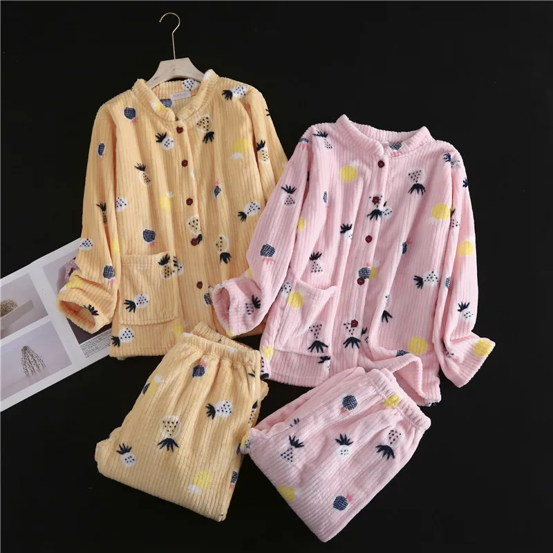 

Осень-зима женские повседневные пижамные комплекты с принтом женские теплые флисовые пижамы костюм женская рубашка с длинным рукавом и брюки домашняя одежда