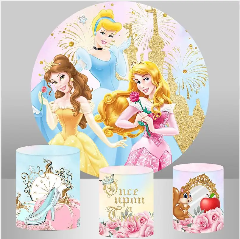 

Round Circle Backdrops Princess Girls Birthday Party Banner Cinderella Sofia Snow White Baby Shower Background