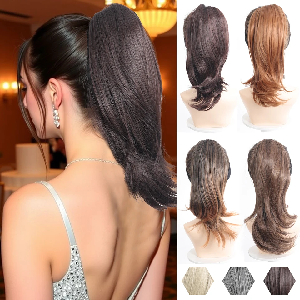 

XINFEI Synthetic Claw Clip Ponytail 16 Inch Long Wavy Black Brown Heat Resistant Type Layered Horse Tail Hair Extension