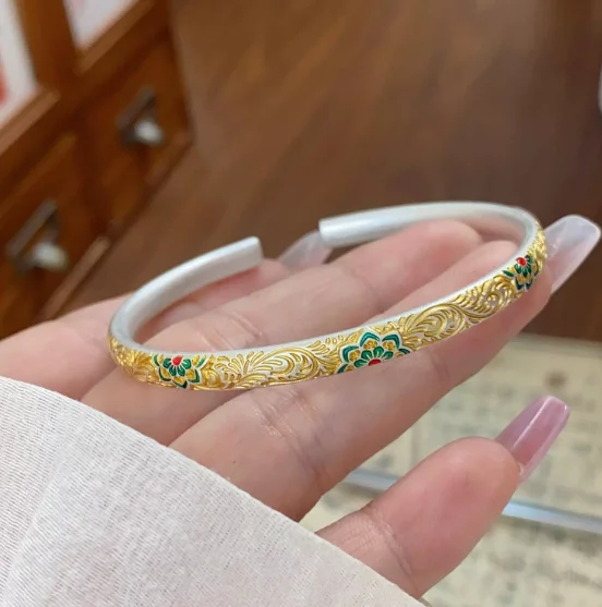 

999 solid silver bangles for women yellow gold plated paint bangles adjustable opening 5mm bangle