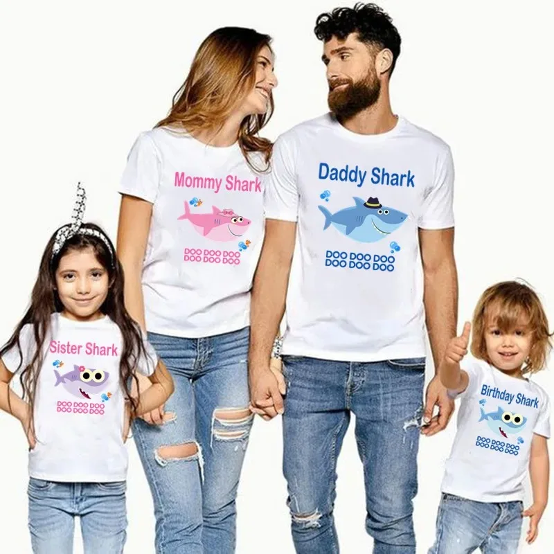 2024 Birthday Matching Family Clothing Shark T-shirt Birthday Children\'s Fun Party Family Clothing Father Mother Daughter Son