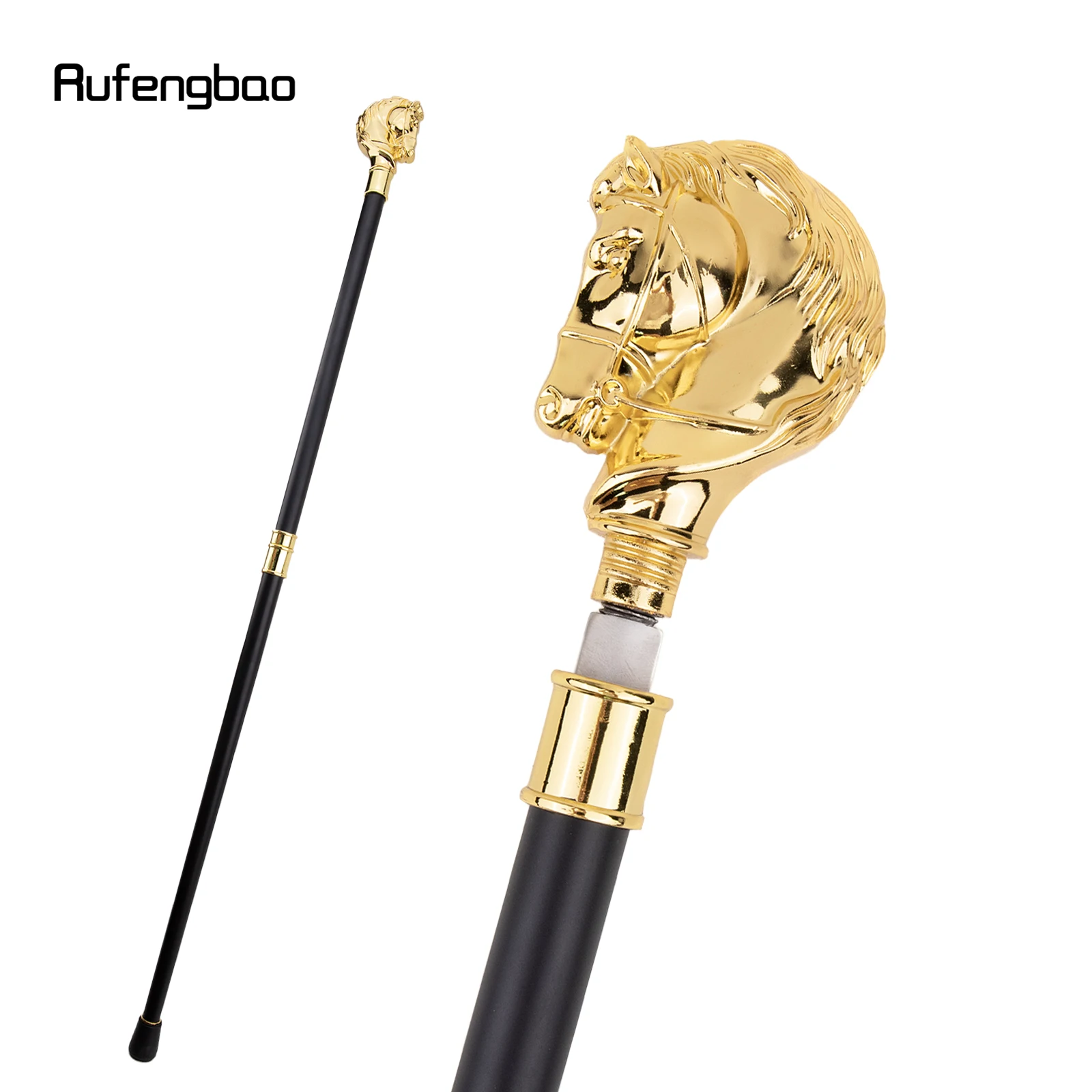 Golden Horse Head Animal  Walking Stick with Hidden Plate Self Defense Fashion Cane Plate Cosplay Crosier Stick 93cm