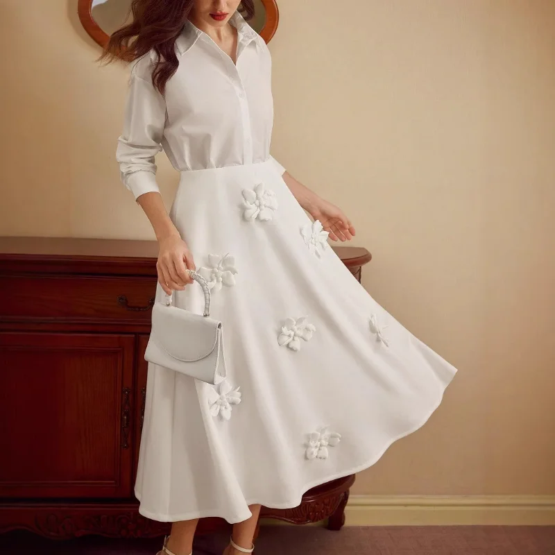 Women's Autumn New Three-dimensional Flower Decoration French Elegant Commuting Intellectual Cardigan White Dress