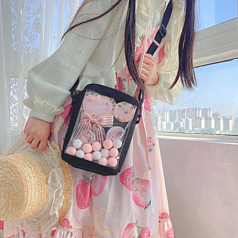 Tas selempang Mini Kawaii untuk wanita lucu PVC transparan kecil bening Pink Ita tas hitam putih wanita bahu dompet ponsel