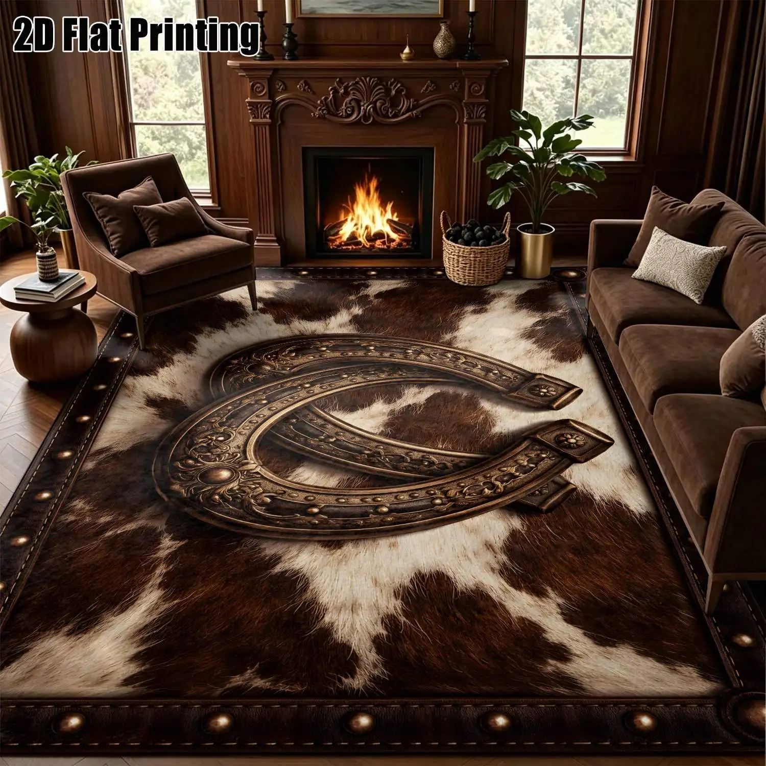 1Pc 2D Printed Carpet: Brown White Floral, Horseshoe Decor, Vintage Boho Geometric European Style, Home Decor, Multi-Size, Machine Washable, Suitable for Entrance/Dining/Foyer/Bedroom/Living Room